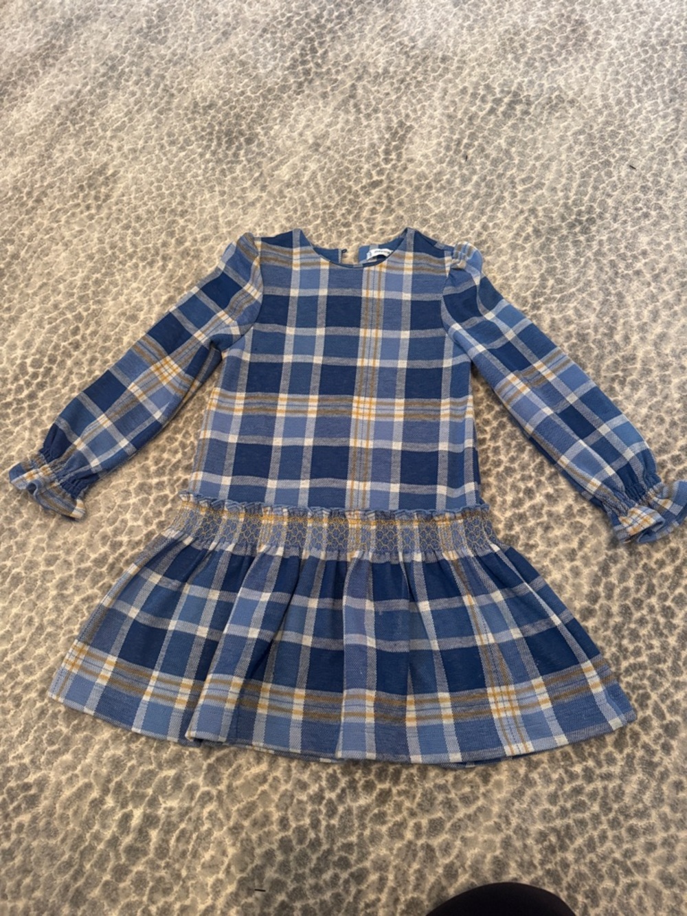 Mayoral Blue Plaid Long-Sleeve Girls Dress with Gold Accents